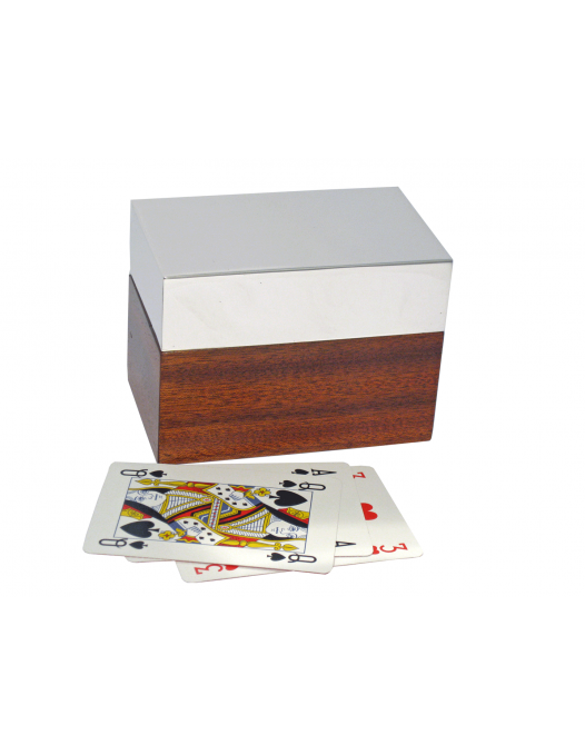 Scatola porta carte da gioco in legno mogano con coperchio argento